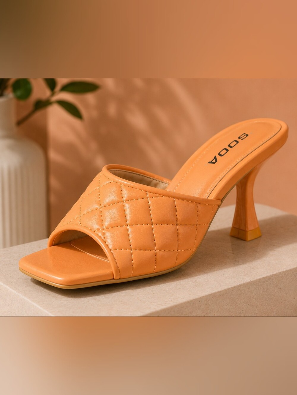 'Twain' By Soda- Quilted Open-Toe Mule Heels in Orange